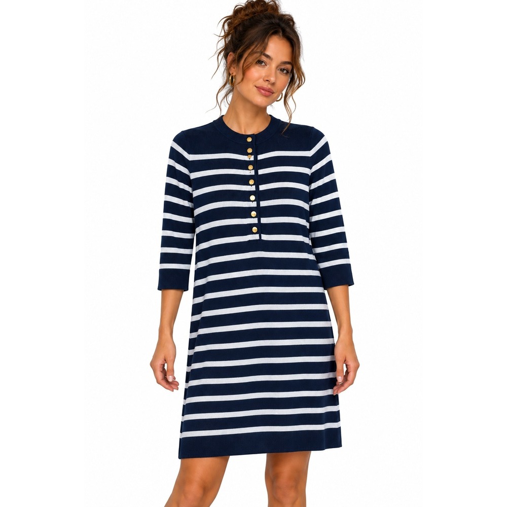 J. McLaughlin Nautical Striped Sweater Dress Gold Button Navy White XS